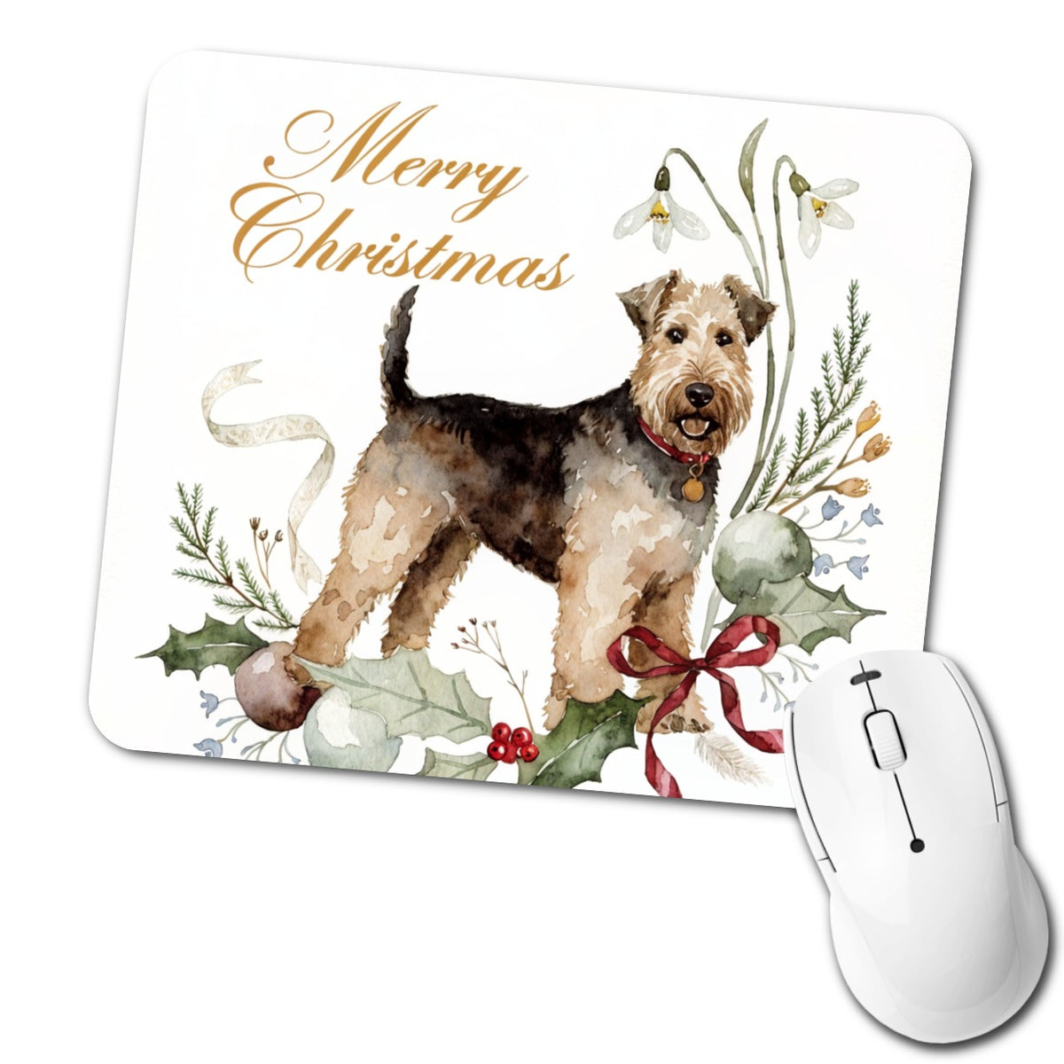 Welsh Terrier Dog Merry Christmas Low Profile Mouse Pad Mat