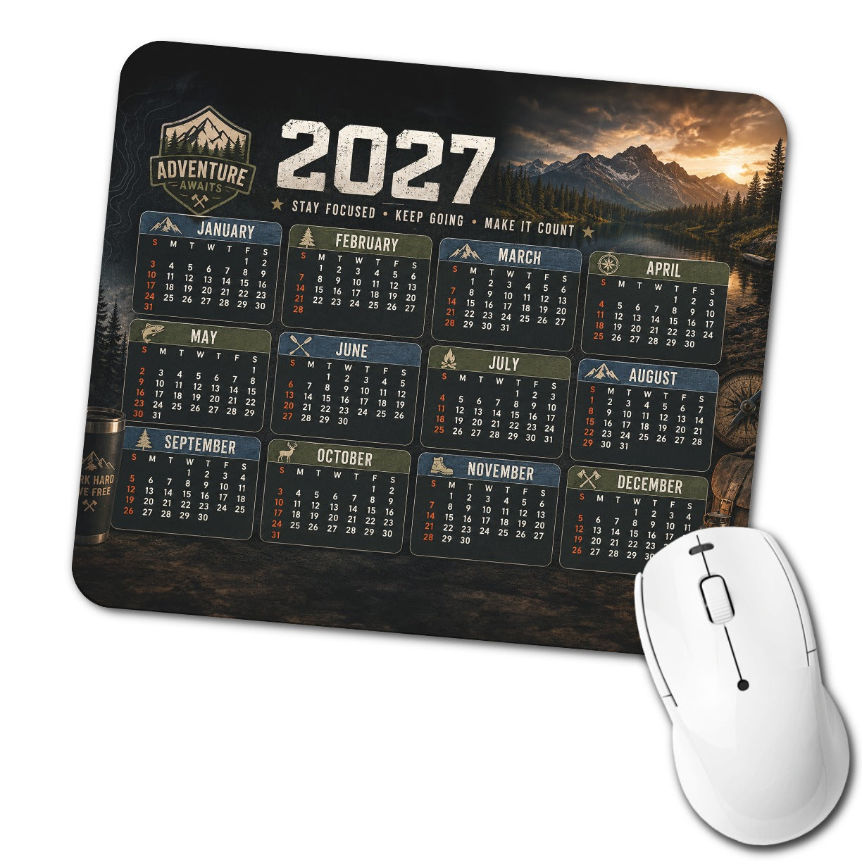 Adventure Awaits Hiking Backpacking 2027 Calendar Low Profile Mouse Pad Mat