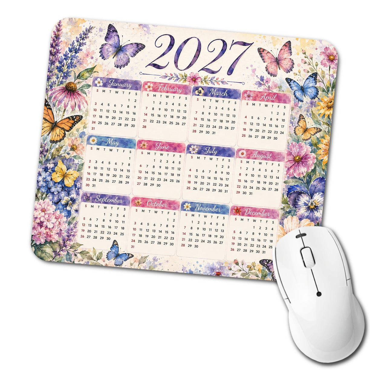 Butterflies Flowers 2027 Calendar Low Profile Mouse Pad Mat