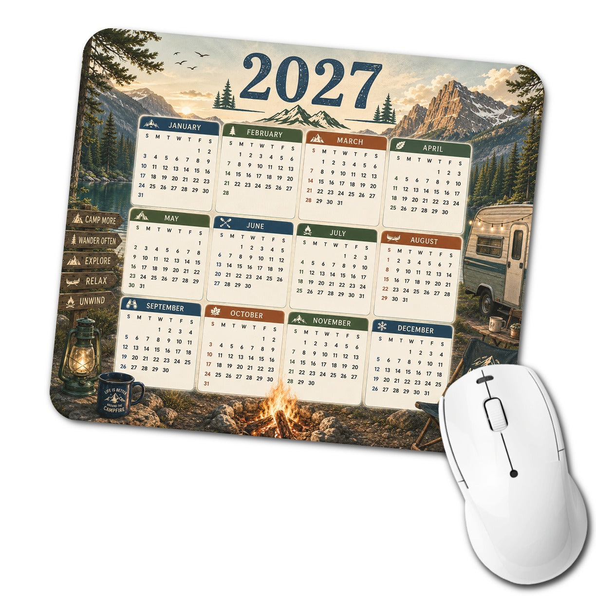 Camping Camper Outdoors 2027 Calendar Low Profile Mouse Pad Mat