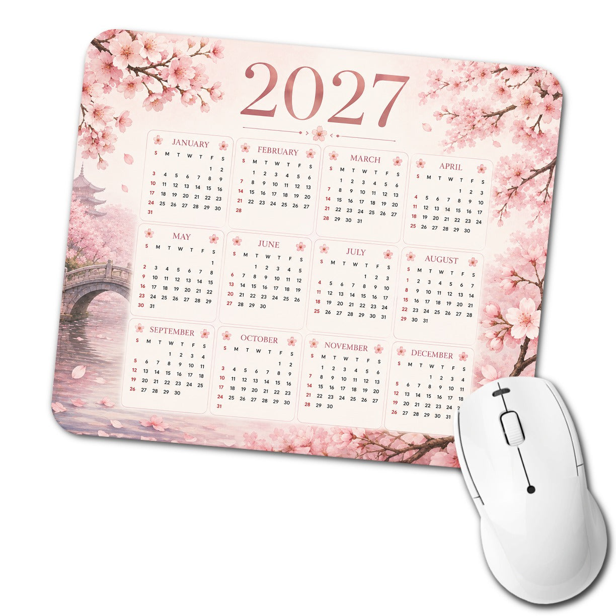 Cherry Blossoms Japanese 2027 Calendar Low Profile Mouse Pad Mat