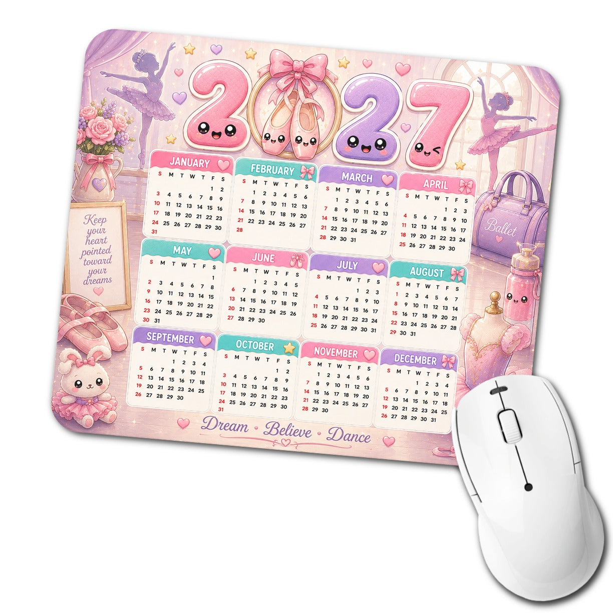 Cute Ballet Ballerina 2027 Calendar Low Profile Mouse Pad Mat
