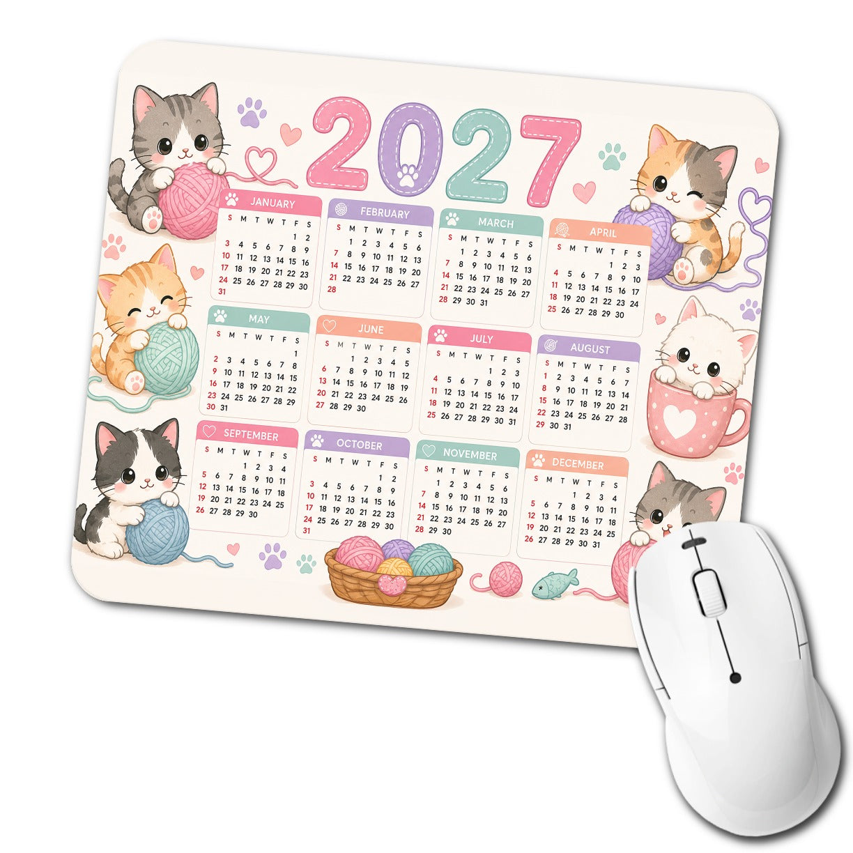 Cute Cats Yarn Knitting 2027 Calendar Low Profile Mouse Pad Mat