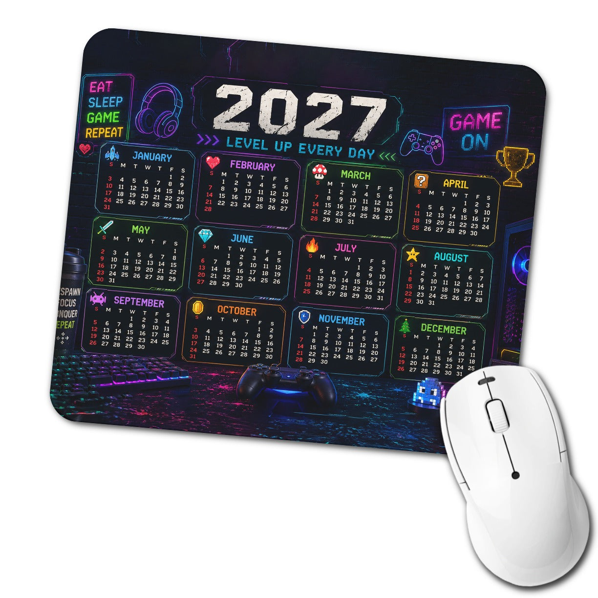 Eat Sleep Gaming 2027 Calendar Low Profile Mouse Pad Mat