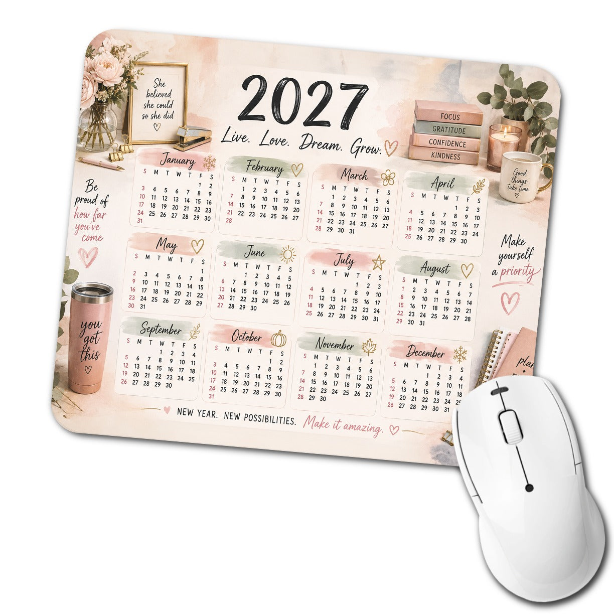 Feminine Inspirational 2027 Calendar Low Profile Mouse Pad Mat