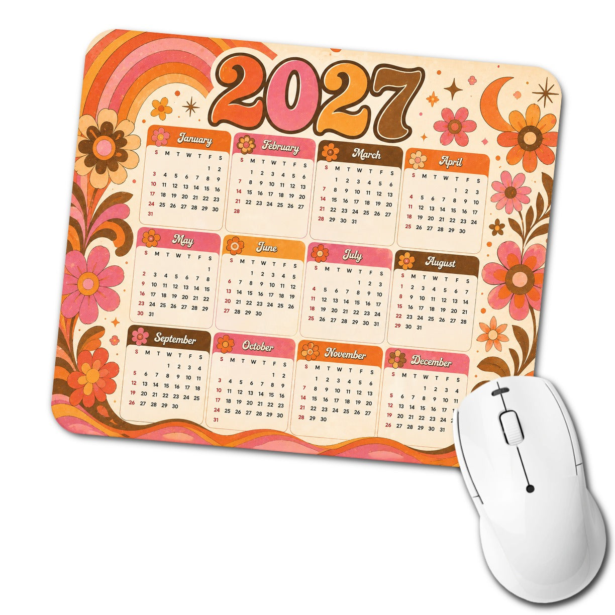 Groovy Retro Orange Pink 2027 Calendar Low Profile Mouse Pad Mat
