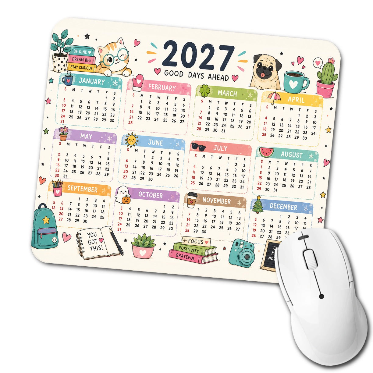 Happy Cats and Dogs 2027 Calendar Low Profile Mouse Pad Mat