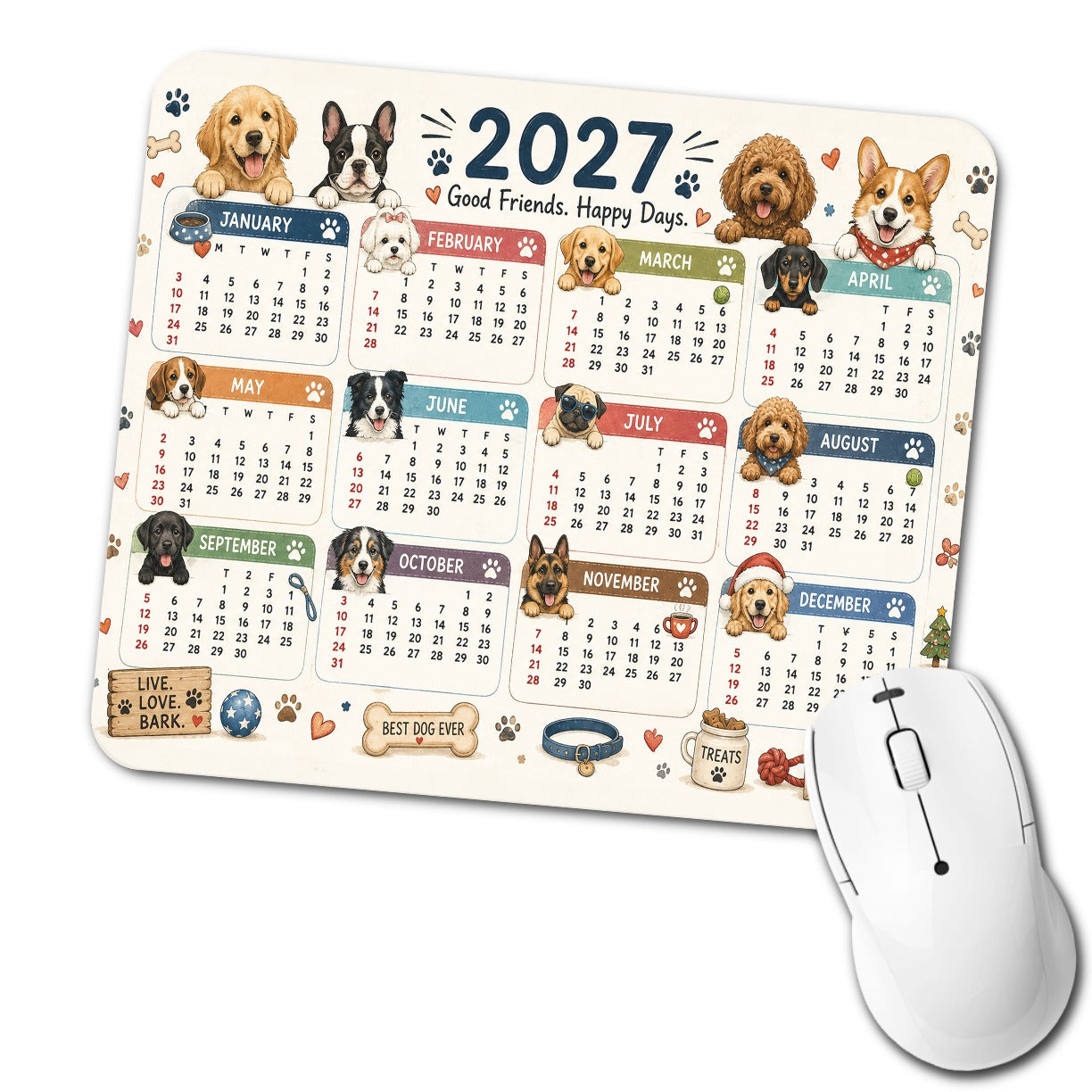 Happy Dogs 2027 Calendar Low Profile Mouse Pad Mat