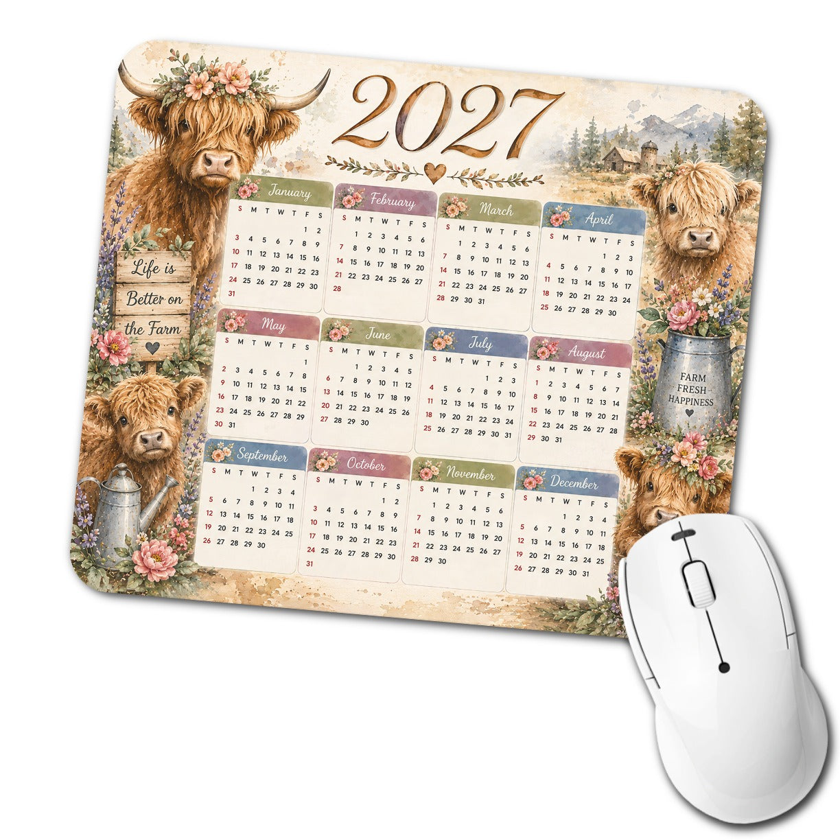 Highland Cows 2027 Calendar Low Profile Mouse Pad Mat