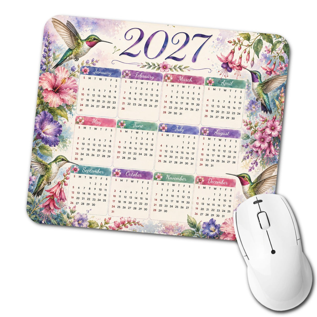 Hummingbirds Flowers 2027 Calendar Low Profile Mouse Pad Mat