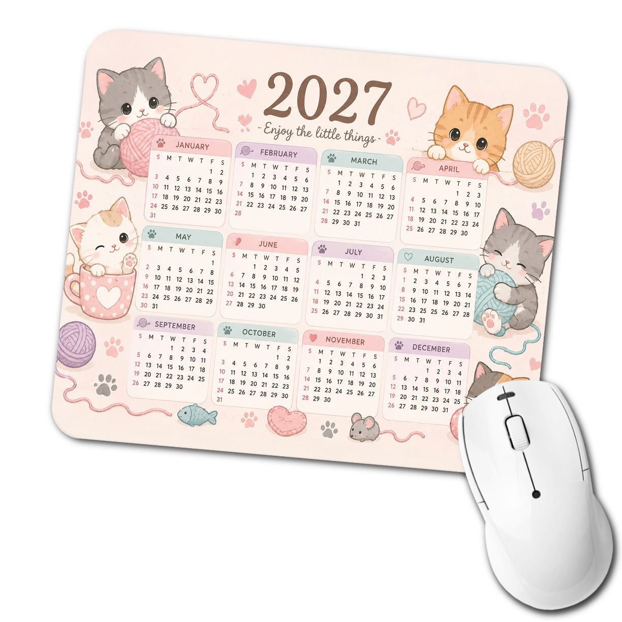 Kawaii Cats Yarn 2027 Calendar Low Profile Mouse Pad Mat