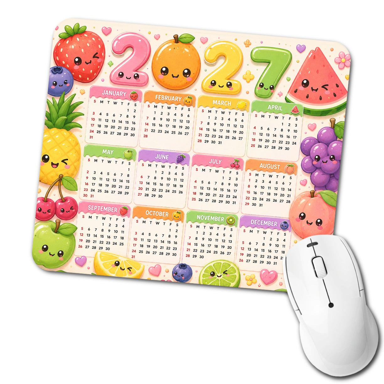 Kawaii Fruit Cute 2027 Calendar Low Profile Mouse Pad Mat