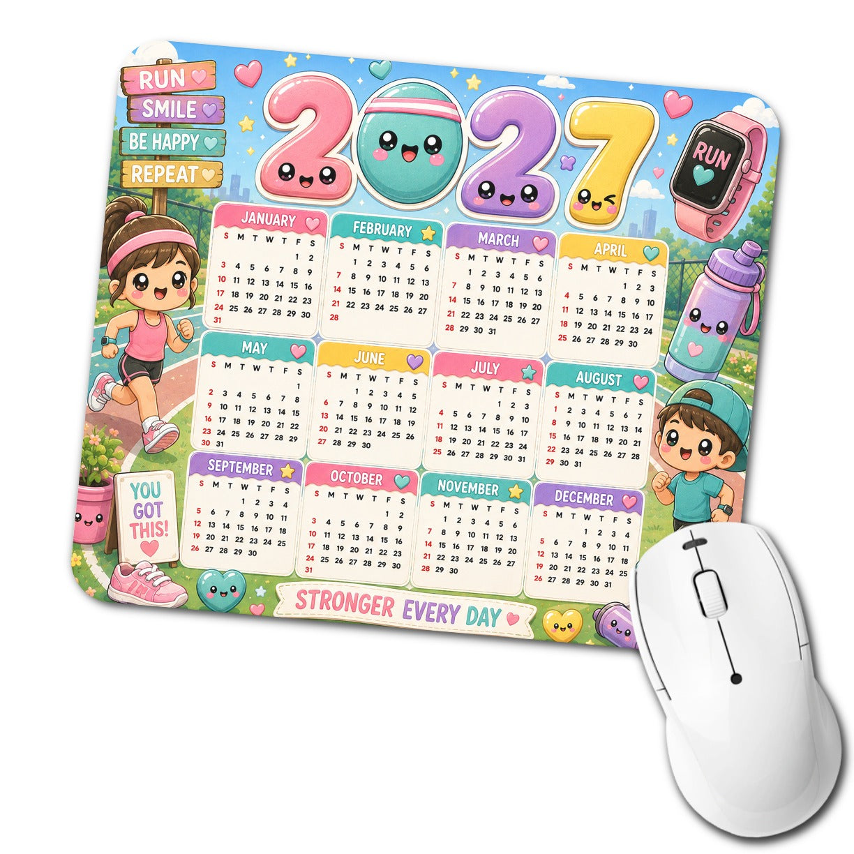 Kawaii Running Runner Jogging 2027 Calendar Low Profile Mouse Pad Mat