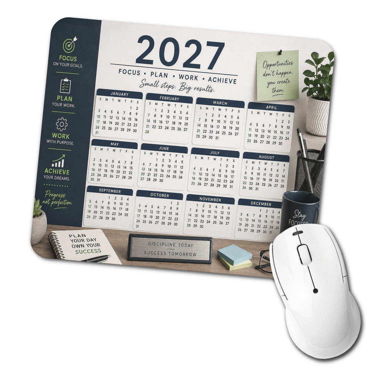Motivational Office 2027 Calendar Low Profile Mouse Pad Mat