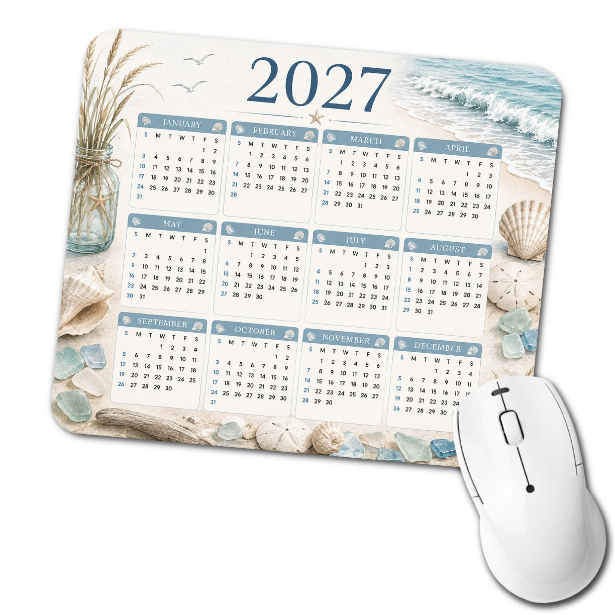 Pastel Beach Ocean Vacation 2027 Calendar Low Profile Mouse Pad Mat