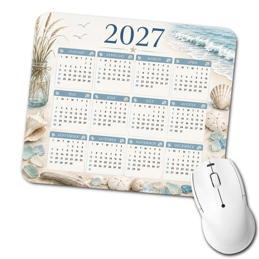 Pastel Beach Ocean Vacation 2027 Calendar Low Profile Mouse Pad Mat