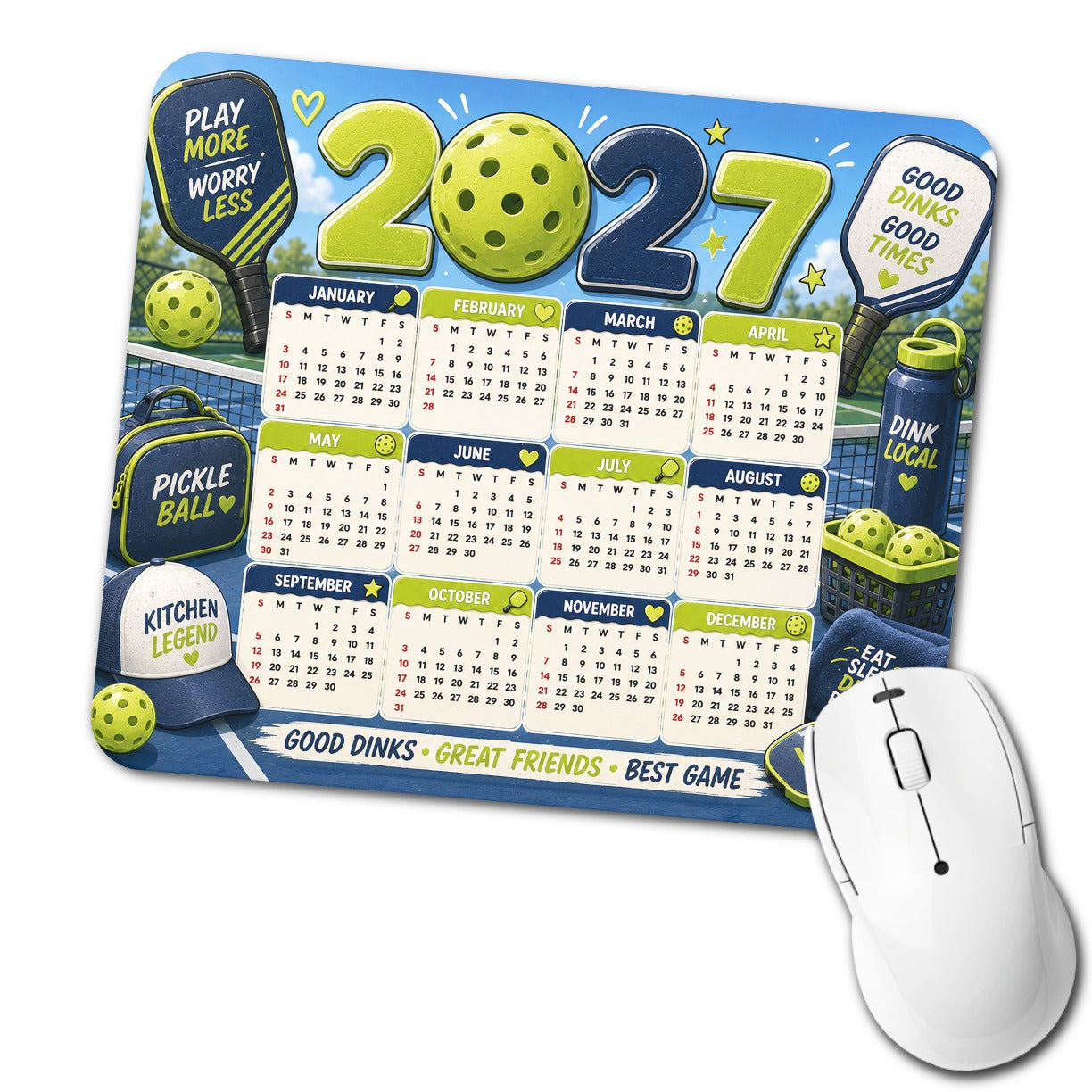 Pickleball Inspirational 2027 Calendar Low Profile Mouse Pad Mat