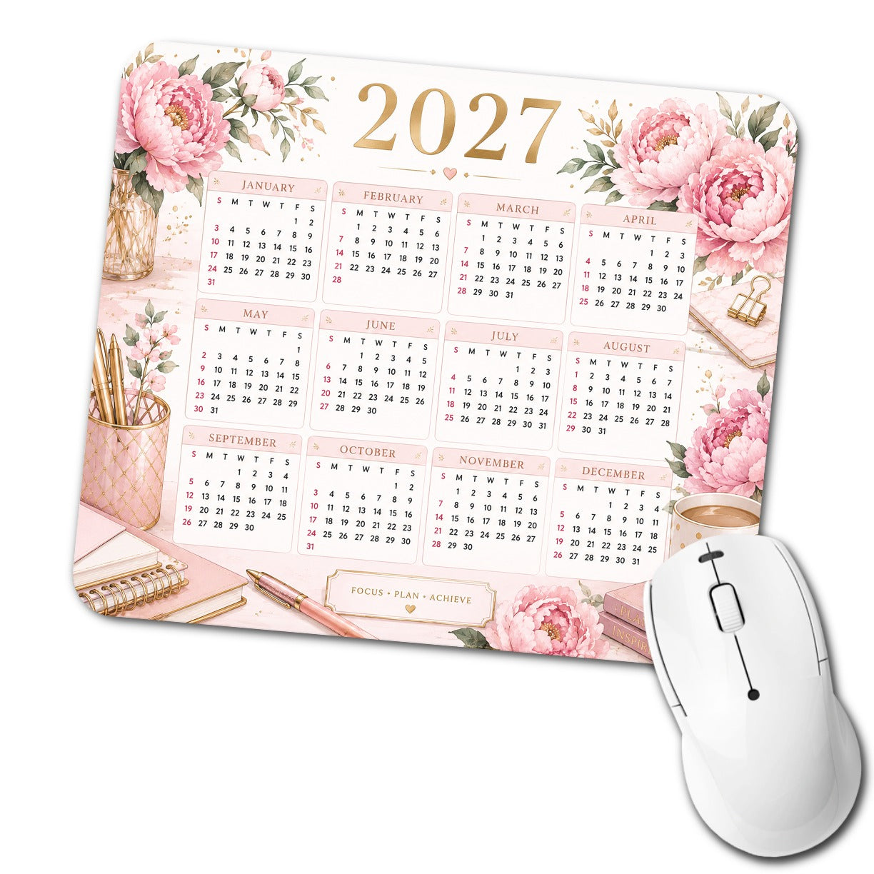 Pink Floral Office 2027 Calendar Low Profile Mouse Pad Mat