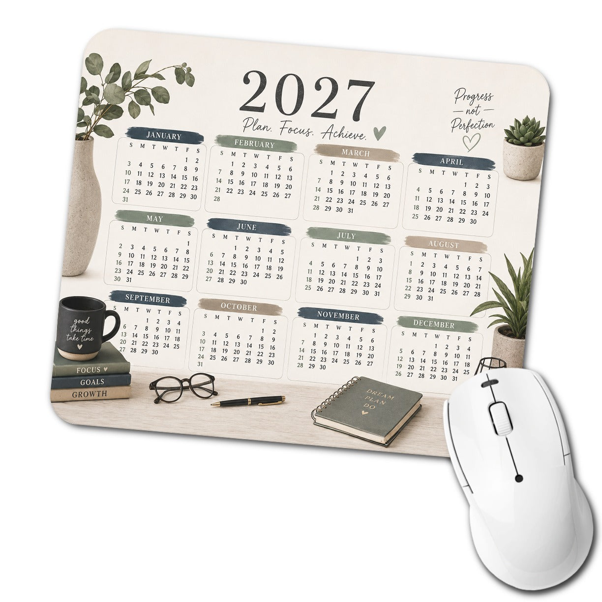 Plan Focus Achieve 2027 Calendar Low Profile Mouse Pad Mat