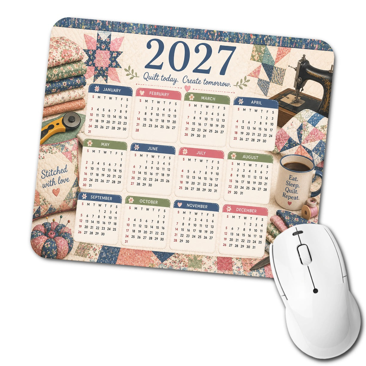 Quilting Quilter Sewing 2027 Calendar Low Profile Mouse Pad Mat