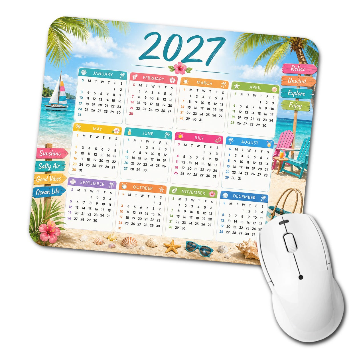 Tropical Beach Vacation 2027 Calendar Low Profile Mouse Pad Mat
