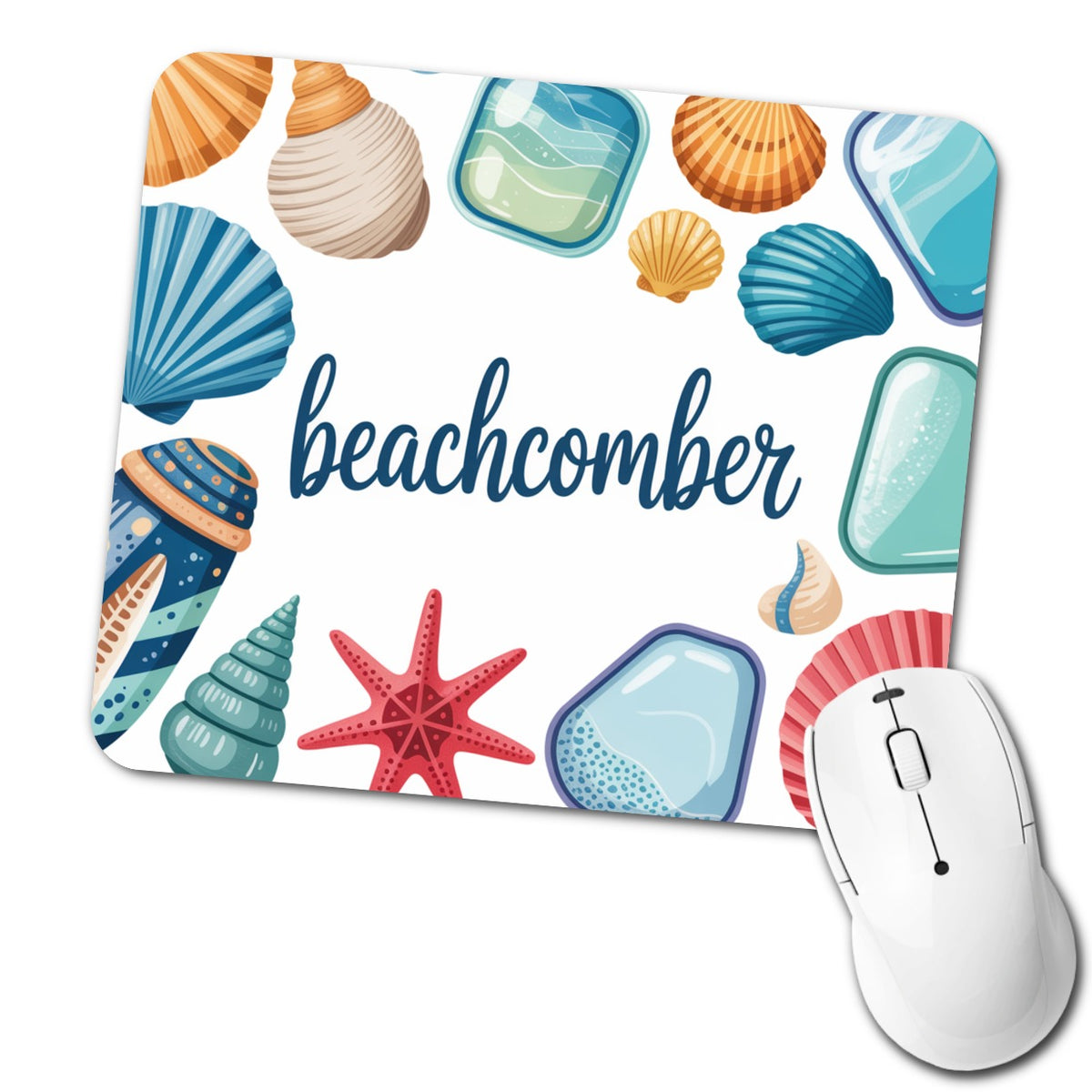 Beachcomber Seashells Sea Glass Low Profile Mouse Pad Mat