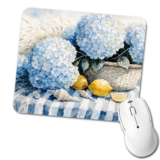 Blue Hydrangeas Seashells Lemons Coastal Low Profile Mouse Pad Mat