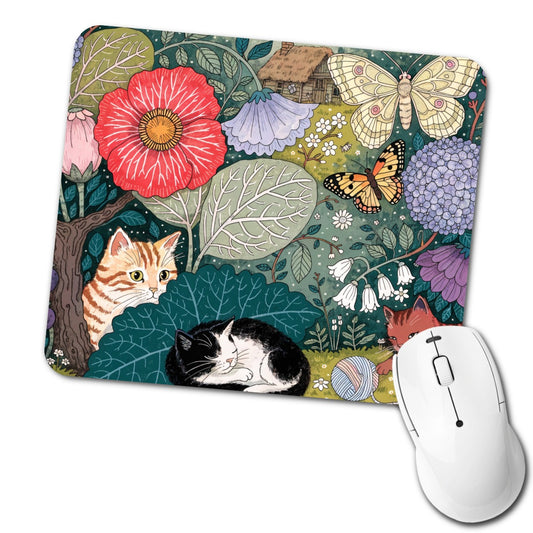 Cats In Garden Low Profile Mouse Pad Mat