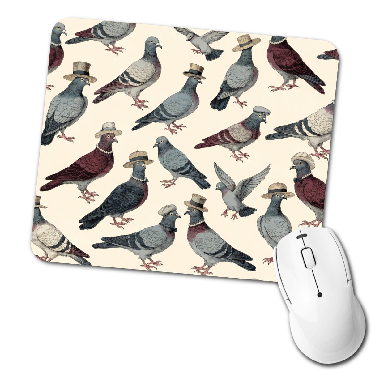 Charming Pigeons Wearing Hat Low Profile Mouse Pad Mat