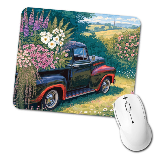 Charming Vintage Flower Pickup Truck Low Profile Mouse Pad Mat