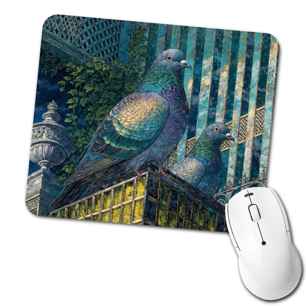 City Pigeons On A Roof Low Profile Mouse Pad Mat