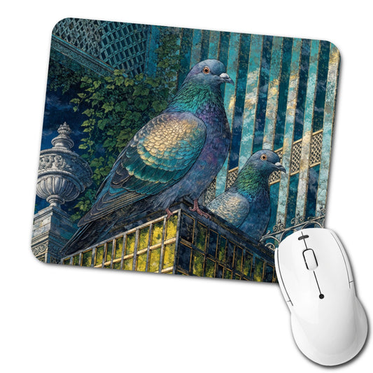 City Pigeons On A Roof Low Profile Mouse Pad Mat