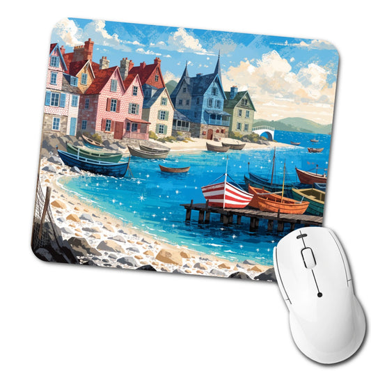 Colorful Coastal Fishing Village Low Profile Mouse Pad Mat
