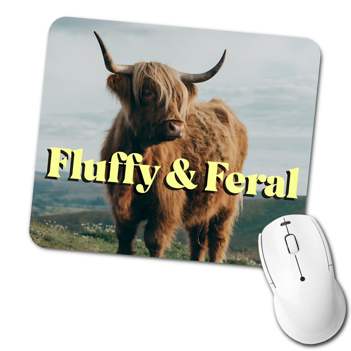 Fluffy Feral Highland Cow Funny Low Profile Mouse Pad Mat
