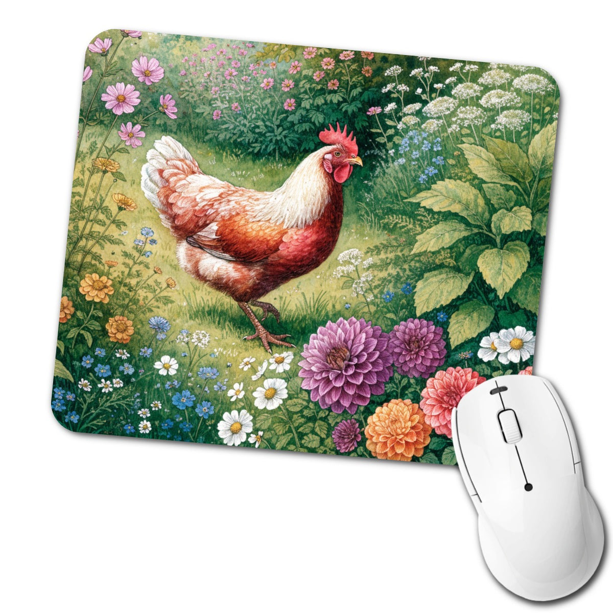 Garden Chicken Wildflowers Low Profile Mouse Pad Mat