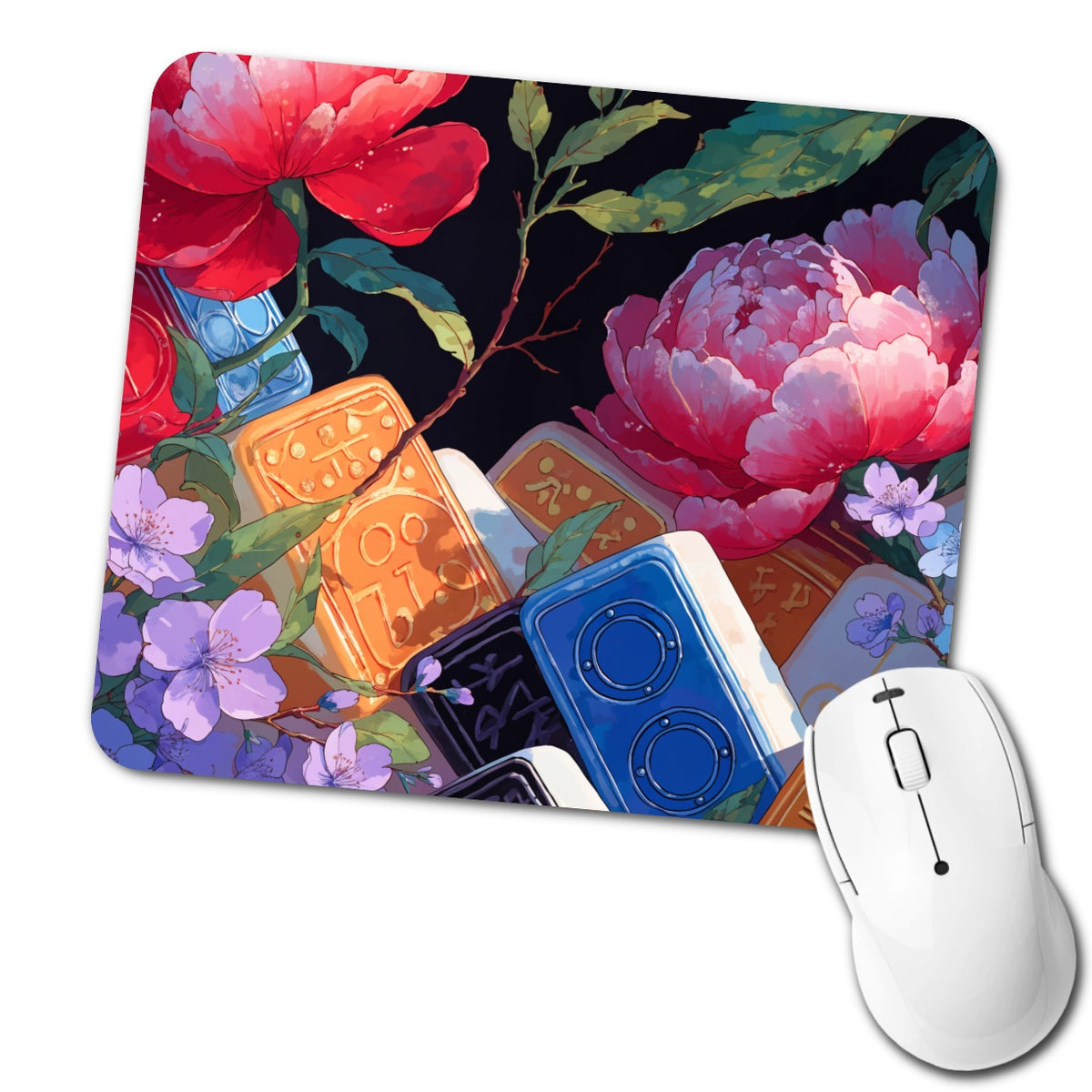 Mahjong Tiles Flowers Low Profile Mouse Pad Mat