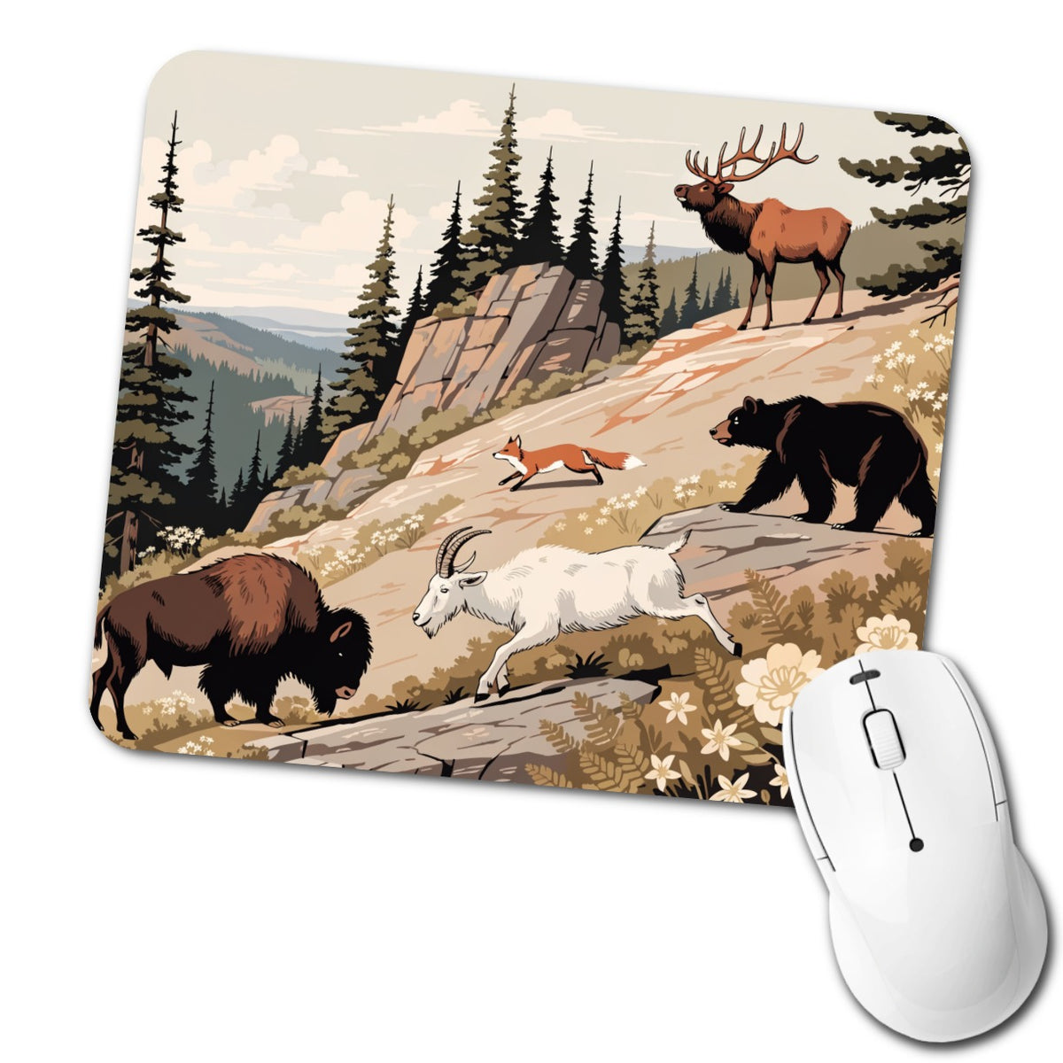 National Park Animals Bear Elk Fox Bison Low Profile Mouse Pad Mat