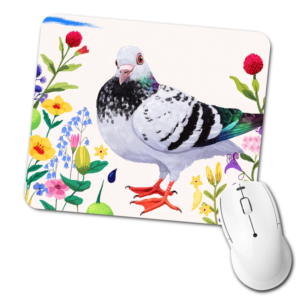 Pigeon With Wildflowers Low Profile Mouse Pad Mat