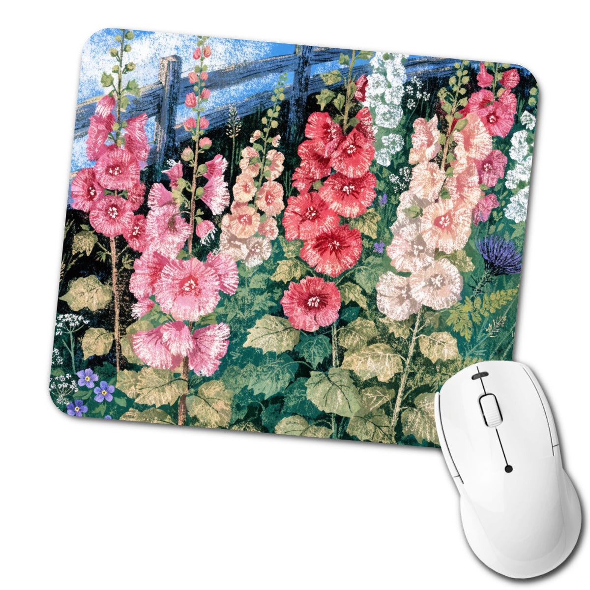 Pink Hollyhock Cottage Garden Low Profile Mouse Pad Mat