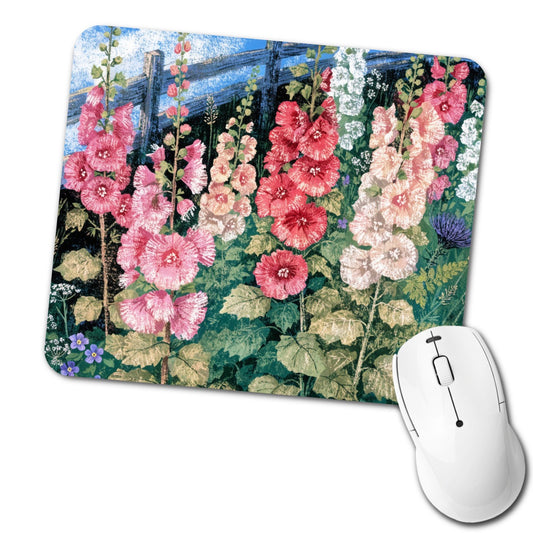 Pink Hollyhock Cottage Garden Low Profile Mouse Pad Mat