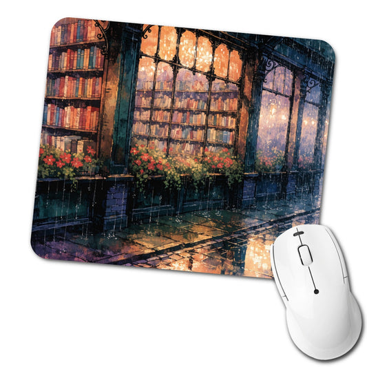 Rainy Bookshop Street Low Profile Mouse Pad Mat