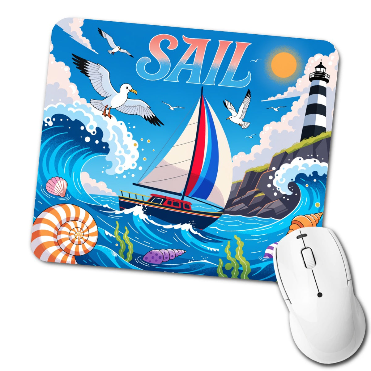 Sail Colorful Sailboat Lighthouse Birds Low Profile Mouse Pad Mat