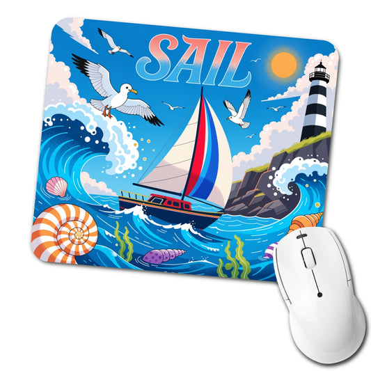 Sail Colorful Sailboat Lighthouse Birds Low Profile Mouse Pad Mat