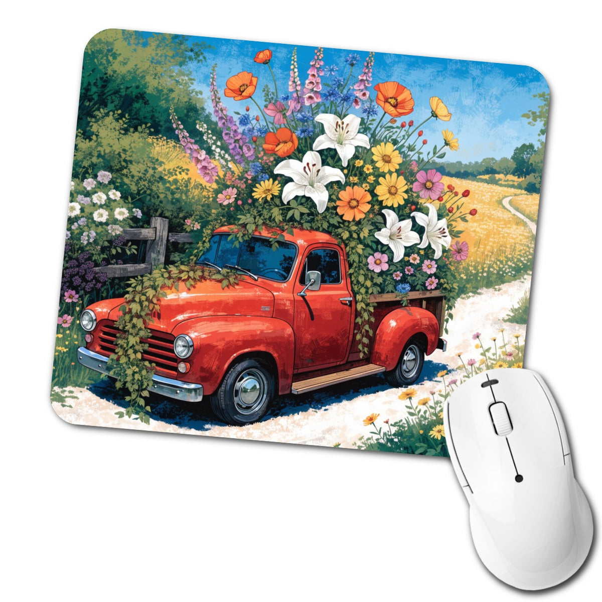 Vintage Flower Truck Low Profile Mouse Pad Mat