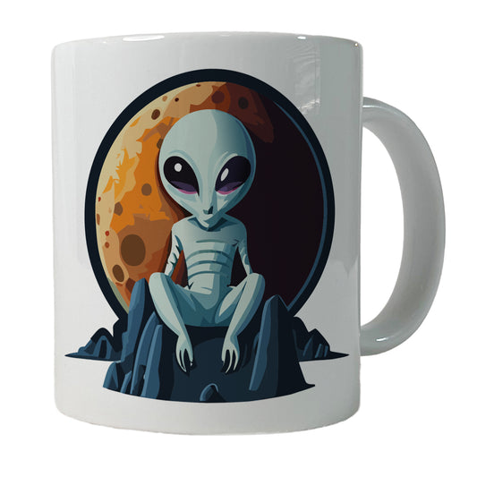 Alien Sitting Moon Planet Space Ceramic Tea Coffee Mug Cup - 11oz