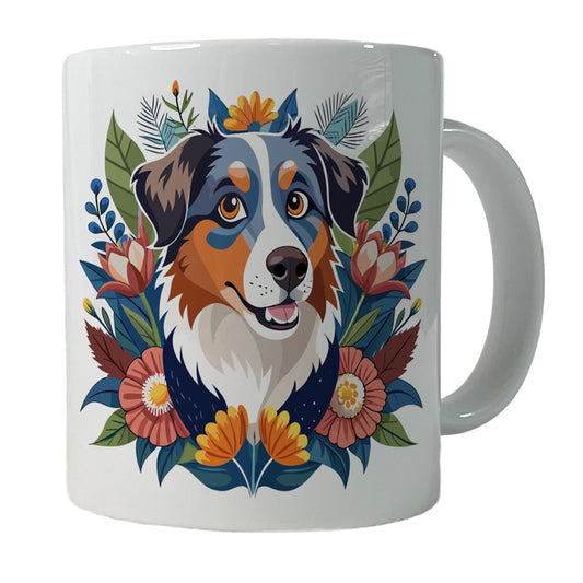 Australian Shepherd Dog Floral Flowers Ceramic Tea Coffee Mug Cup - 11oz