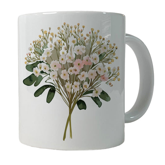 Baby's Breath Flowers White Ceramic Tea Coffee Mug Cup - 11oz