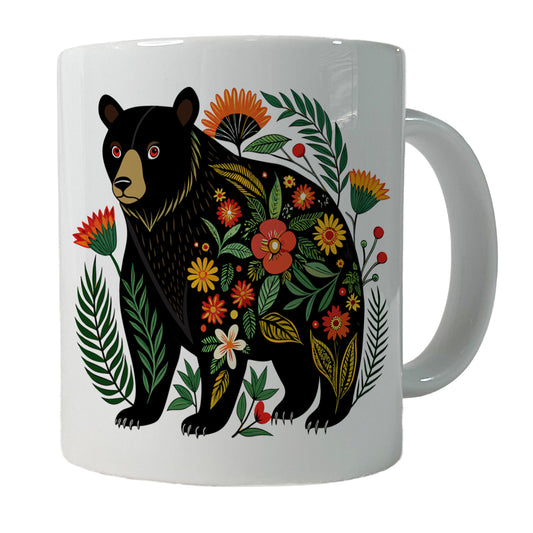 Black Bear Floral Motif Ceramic Tea Coffee Mug Cup - 11oz