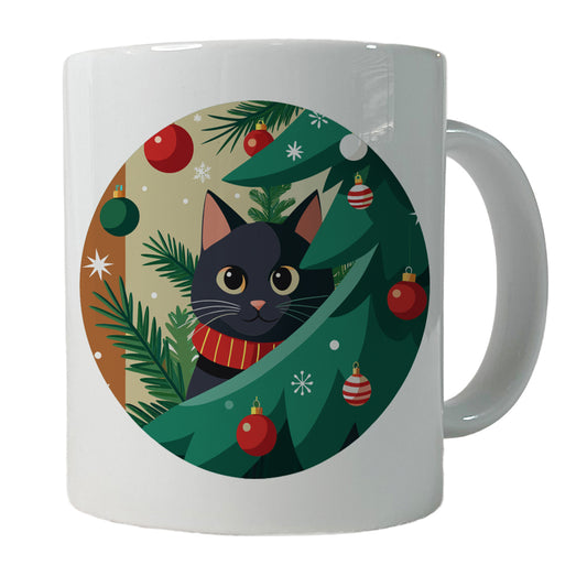 Black Cat Hiding in Christmas Tree Ceramic Tea Coffee Mug Cup - 11oz