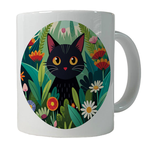 Black Cat Hiding in Flower Garden Ceramic Tea Coffee Mug Cup - 11oz
